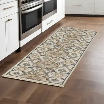 8' Gray and Ivory Wool Floral Hand Knotted Runner Rug With Fringe