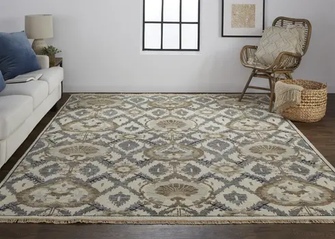 12' X 15' Ivory Gray And Taupe Wool Floral Hand Knotted Stain Resistant Area Rug