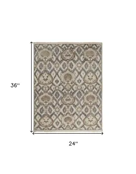 2' X 3' Gray and Ivory Wool Floral Hand Knotted Area Rug