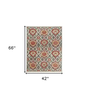 4' X 6' Orange and Ivory Wool Floral Hand Knotted Area Rug
