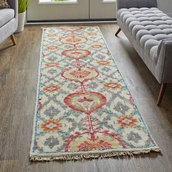 8' Orange and Ivory Wool Floral Hand Knotted Runner Rug With Fringe