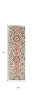 8' Orange and Ivory Wool Floral Hand Knotted Runner Rug With Fringe