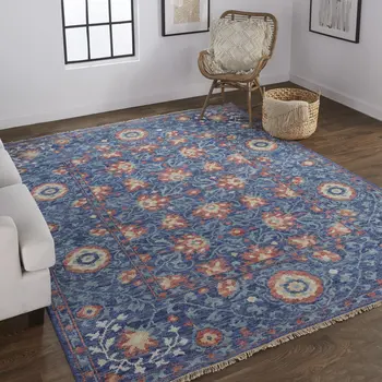 4' X 6' Blue and Beige Wool Floral Hand Knotted Area Rug