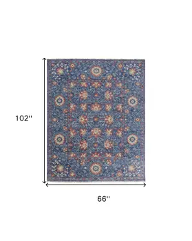 5' X 8' Blue And Red Wool Floral Hand Knotted Stain Resistant Area Rug