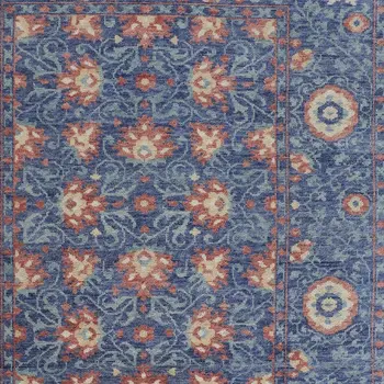 8' X 10' Blue And Red Wool Floral Hand Knotted Stain Resistant Area Rug