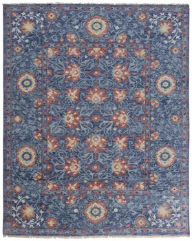 8' X 10' Blue And Red Wool Floral Hand Knotted Stain Resistant Area Rug