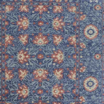 9' X 12' Blue And Red Wool Floral Hand Knotted Stain Resistant Area Rug