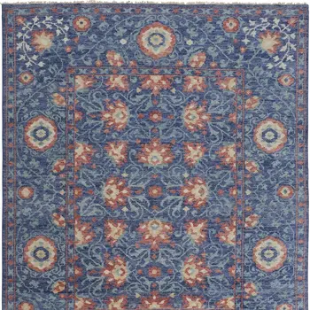 9' X 12' Blue And Red Wool Floral Hand Knotted Stain Resistant Area Rug