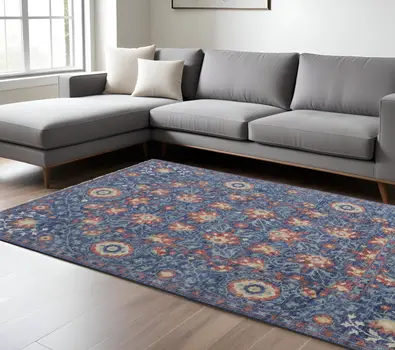 9' X 12' Blue And Red Wool Floral Hand Knotted Stain Resistant Area Rug