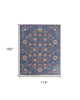 10' X 13' Blue And Red Wool Floral Hand Knotted Stain Resistant Area Rug