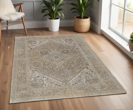 4' X 6' Brown and Ivory Floral Power Loom Distressed Non Skid Area Rug