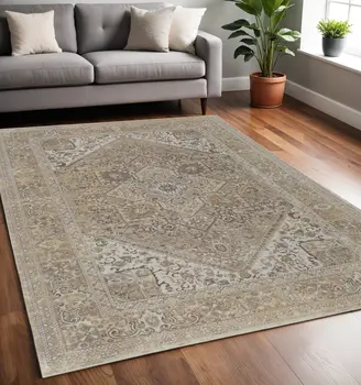 5' X 8' Brown and Ivory Floral Power Loom Distressed Non Skid Area Rug