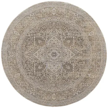 8' Brown and Ivory Round Medallion Power Loom Distressed Area Rug