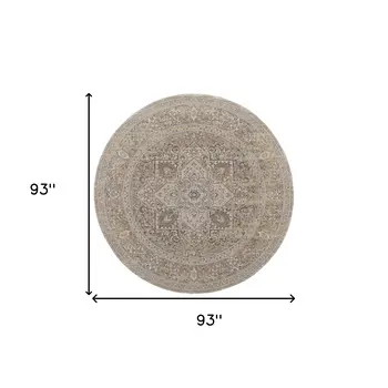 8' Brown and Ivory Round Medallion Power Loom Distressed Area Rug