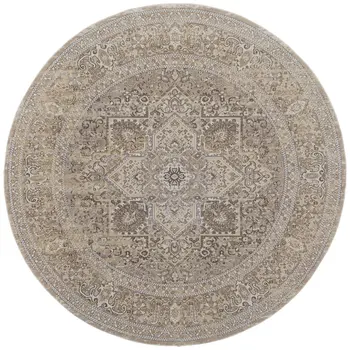 8' Brown and Ivory Round Medallion Power Loom Distressed Area Rug