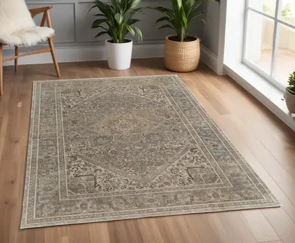 4' X 6' Tan and Brown Floral Power Loom Distressed Non Skid Area Rug