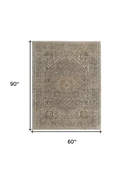 5' X 8' Tan Brown And Ivory Floral Power Loom Distressed Area Rug