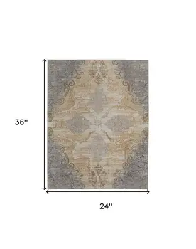 2' X 3' Silver Tan And Gray Floral Power Loom Area Rug