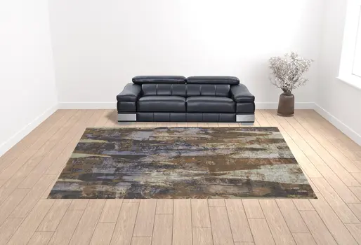 12' X 15' Brown Blue And Ivory Abstract Power Loom Distressed Area Rug