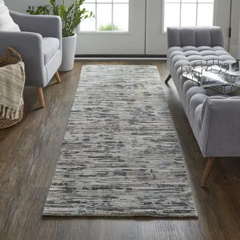 8' Gray Blue And Silver Wool Abstract Hand Knotted Runner Rug