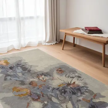 5' X 8' Blue and Gray Wool Floral Hand Tufted Area Rug