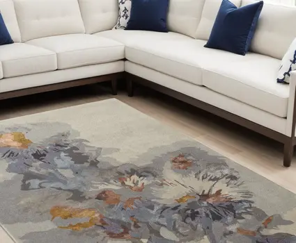 10' X 14' Blue and Gray Wool Floral Hand Tufted Area Rug