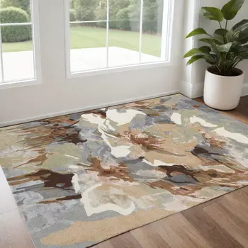 2' X 3' Tan and Gray Wool Floral Hand Tufted Area Rug