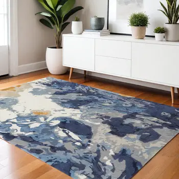 4' X 6' Blue Wool Floral Hand Tufted Area Rug