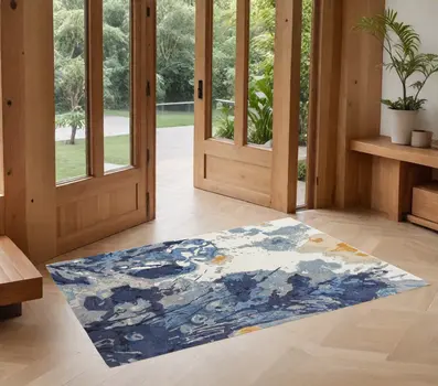2' X 3' Blue Wool Floral Hand Tufted Area Rug