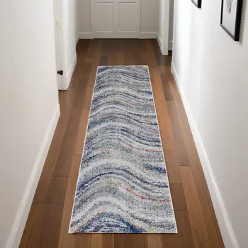 8' Blue and Gray Abstract Power Loom Runner Rug