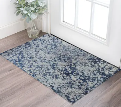 3' X 5' Blue And Ivory Abstract Power Loom Distressed Stain Resistant Area Rug