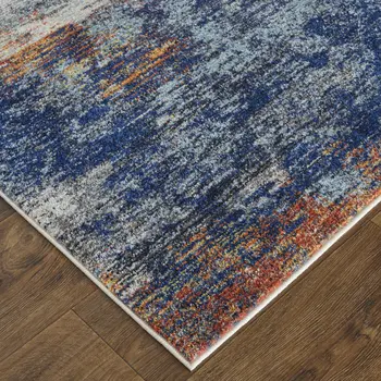 8' X 10' Ivory and Blue Abstract Power Loom Distressed Non Skid Area Rug