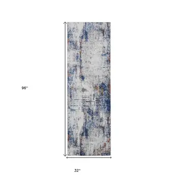 8' Ivory and Blue Abstract Power Loom Distressed Runner Rug