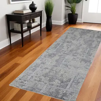 8' Gray and Ivory Abstract Hand Woven Runner Rug