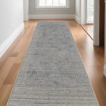10' Blue and Gray Abstract Hand Woven Runner Rug