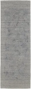 8' Gray and Blue Abstract Hand Woven Runner Rug