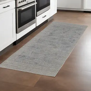 8' Gray and Blue Abstract Hand Woven Runner Rug