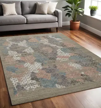 5' X 8' Pink Blue And Taupe Abstract Hand Woven Area Rug