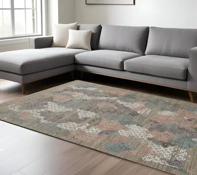 10' X 14' Pink Blue And Taupe Abstract Hand Woven Area Rug