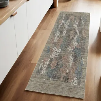 8' Pink Blue And Taupe Abstract Hand Woven Runner Rug