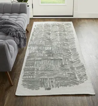 8' Blue and Ivory Abstract Hand Woven Runner Rug