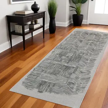 8' Blue and Ivory Abstract Hand Woven Runner Rug