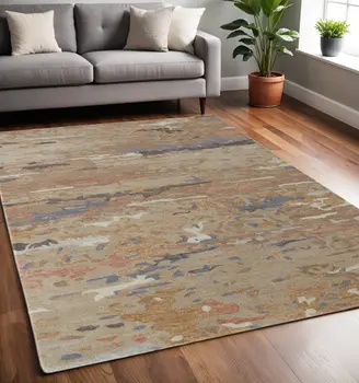 5' X 8' Tan and Blue Wool Abstract Hand Tufted Area Rug