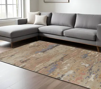 8' X 10' Tan and Blue Wool Abstract Hand Tufted Area Rug