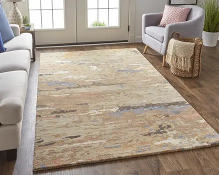 10' X 14' Tan And Blue Wool Abstract Tufted Handmade Stain Resistant Area Rug