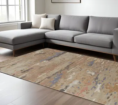 10' X 14' Tan And Blue Wool Abstract Tufted Handmade Stain Resistant Area Rug