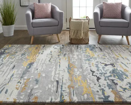 4' X 6' Gray Yellow And Blue Wool Abstract Tufted Handmade Stain Resistant Area Rug