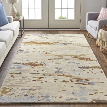 9' X 12' Ivory Blue And Brown Wool Abstract Tufted Handmade Stain Resistant Area Rug