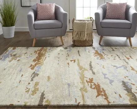 9' X 12' Ivory Blue And Brown Wool Abstract Tufted Handmade Stain Resistant Area Rug