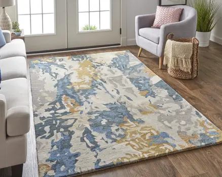 5' X 8' Blue and Gray Wool Abstract Hand Tufted Area Rug